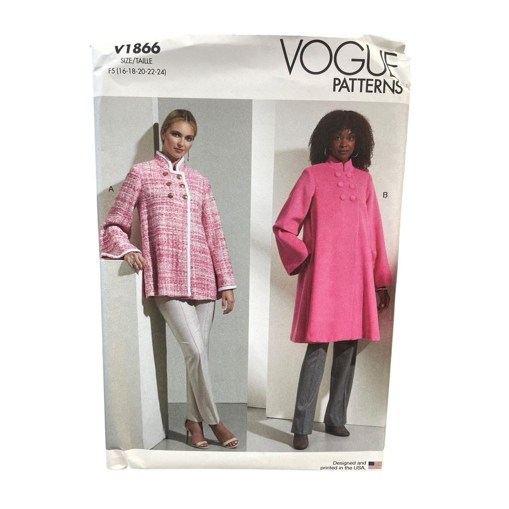 Vogue Patterns Coat Sewing Pattern Misses 16-24 Pink V1866 Mandarin Collar Uncut